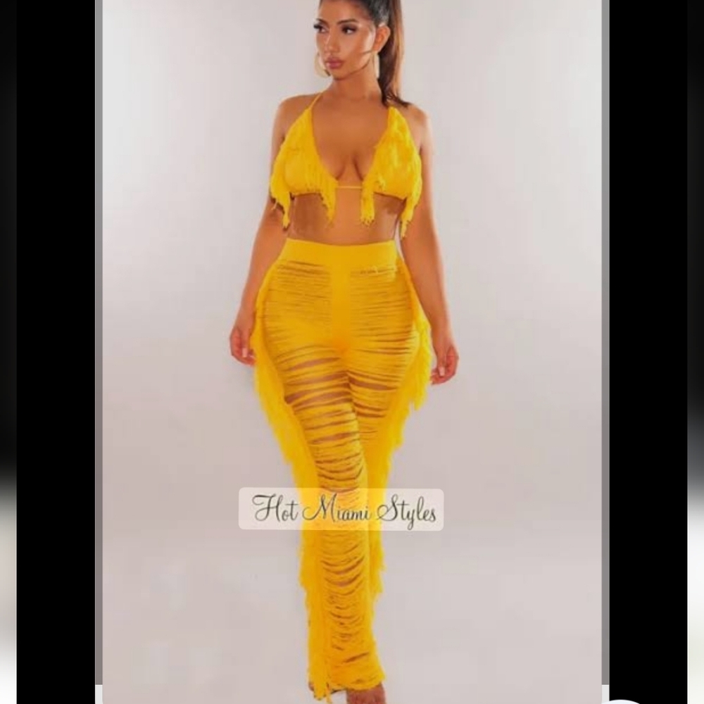 Hot Miami Styles Set Vibrant Yellow Top Pants S NEW